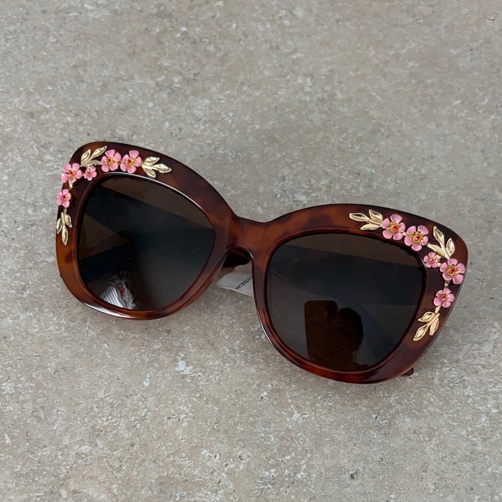 Anthropologie Tortoiseshell Sunglasses with Pink Floral & Gold Accents